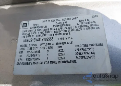 2001 Chevrolet Blazer Lt from USA, damaged, VIN 1GNCS13W812182556